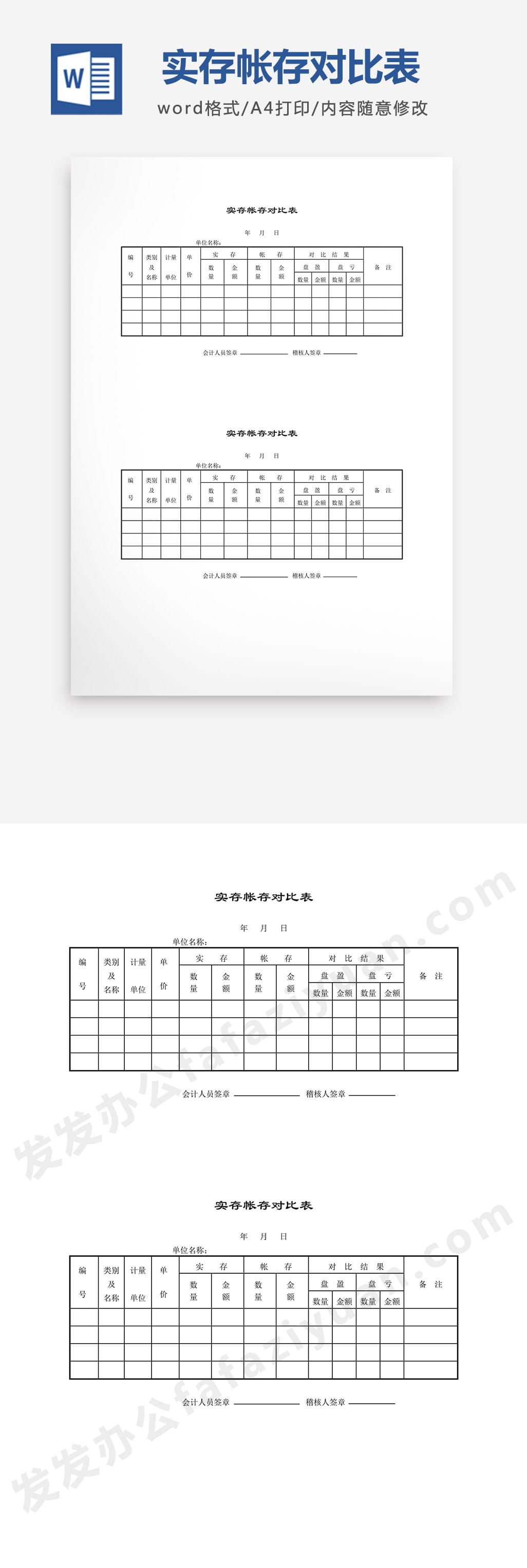 实存帐存对比表Word模板免费下载